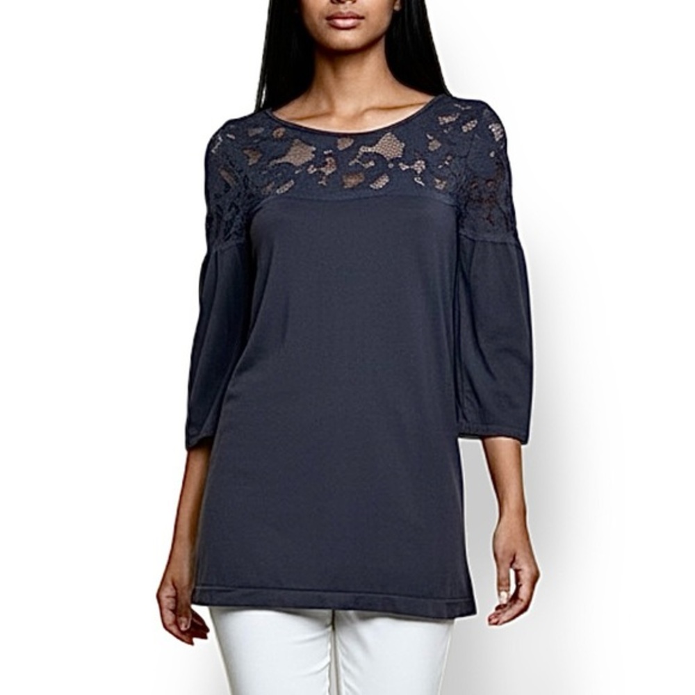 4/$20 Black Lace Yoke Stretch Tunic Top Long Sleeve Pullover Womens XS